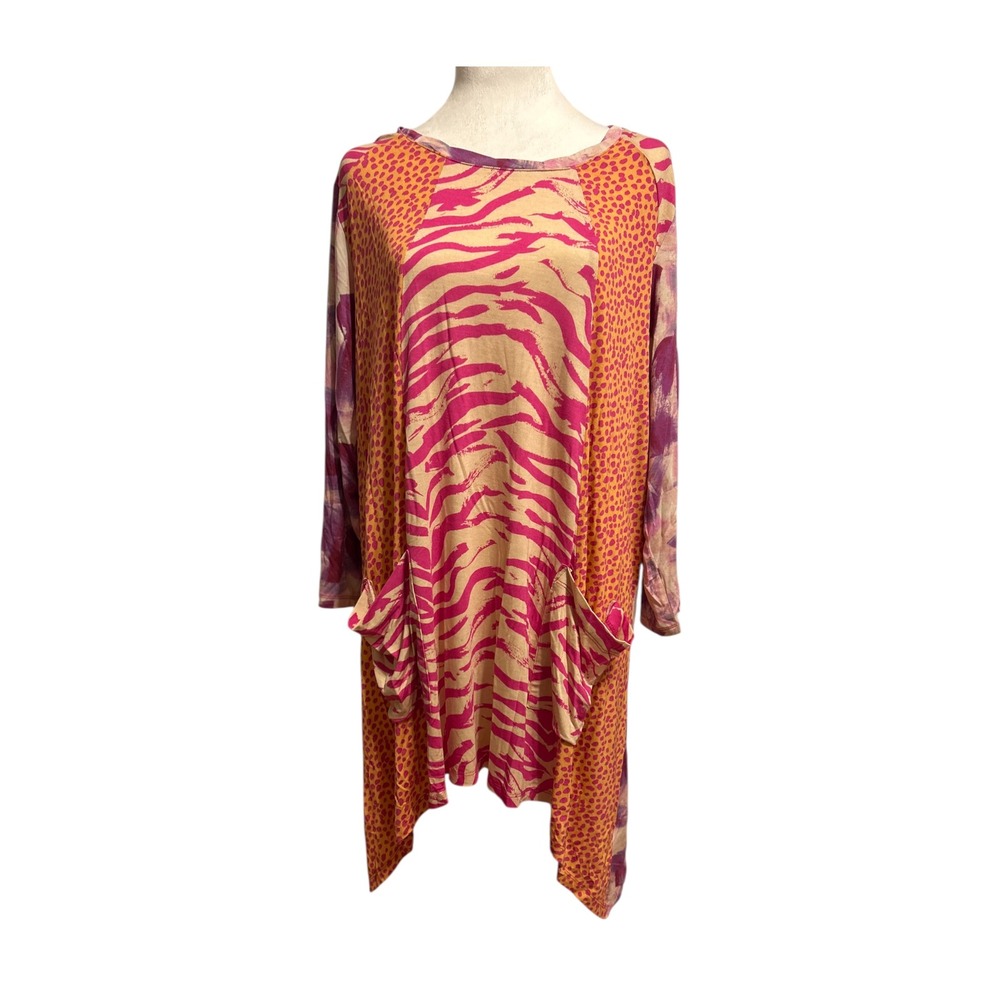 Logo 2X longline pink tunic boho artsy art to wear pockets lightweight mixed